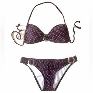 Split Womens 2Piece Swimsuit Medium Black Pink Stars Padded Bikini Bathing Suit